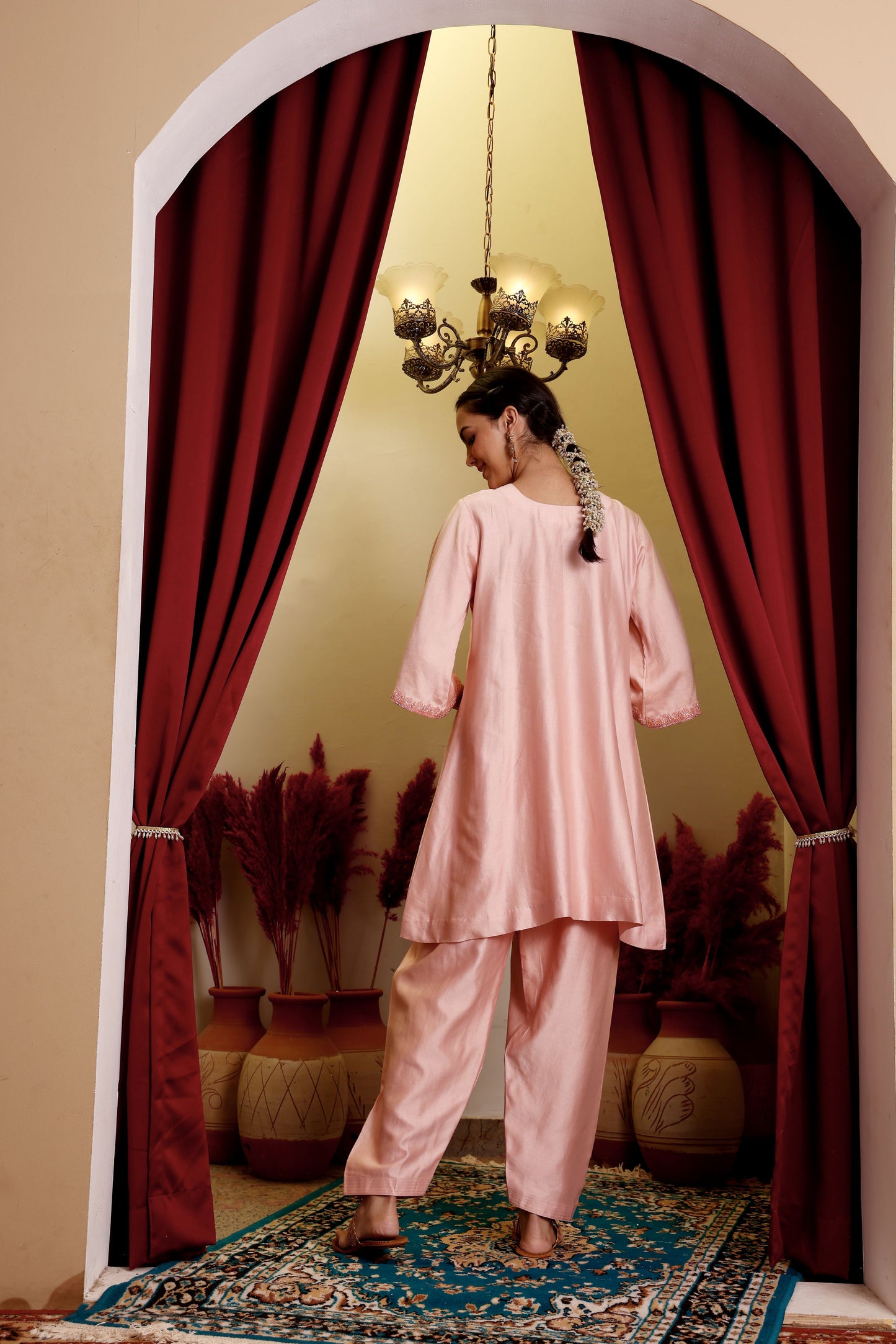 Rose Pink Chanderi Silk Kurti & Salwar Set